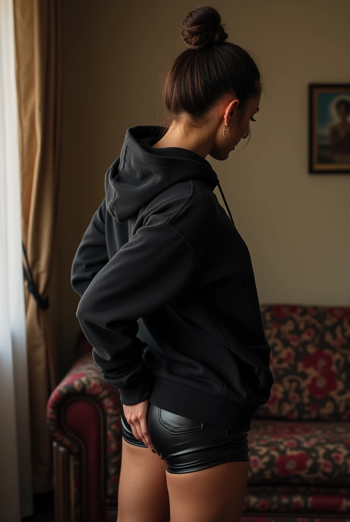 black woman hair in a bun black hoodie   black leather short shorts  being fucked in the ass by a old grandma in a dress
       