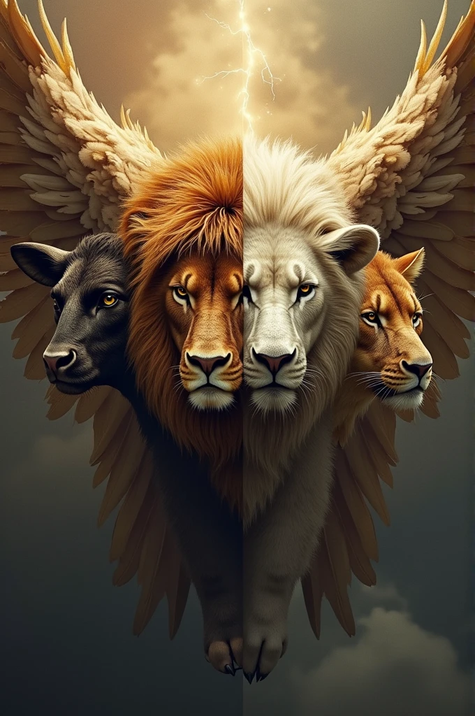 4 wings and 4 faces. The first bull face, the second of man, the third of a lion and the fourth of an eagle. Like this, They are just below God and their bodies are completely filled with eyes