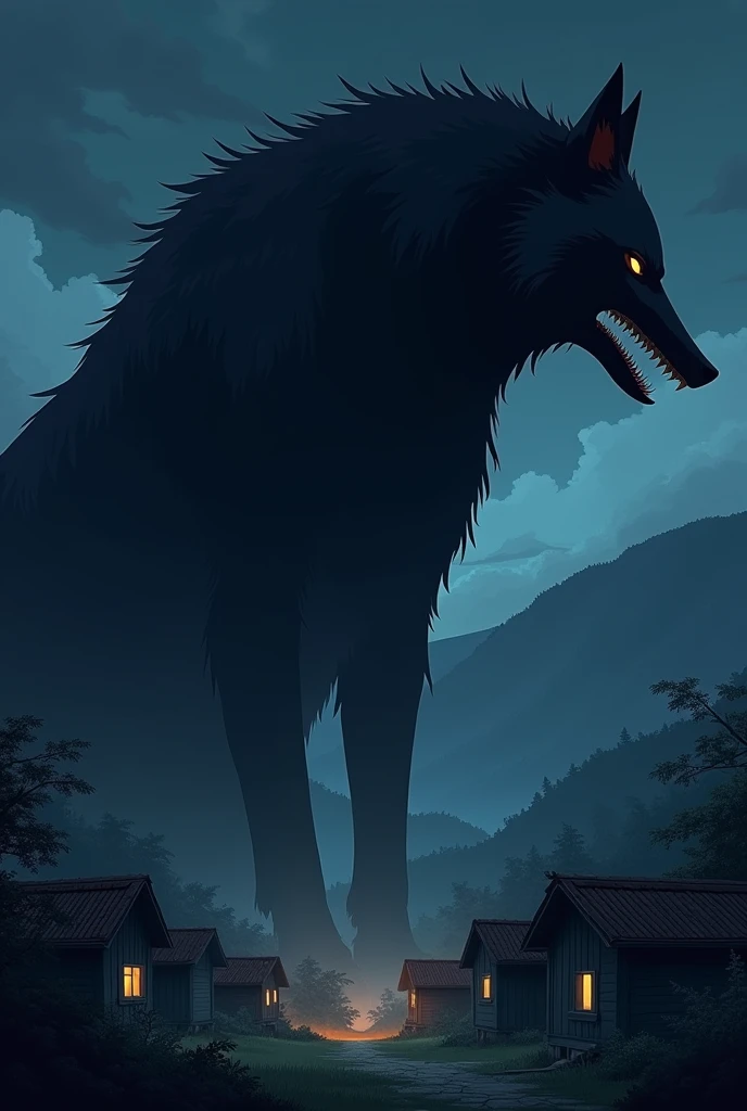 The image is anime style cowboy bebop and Darker than black with shadows and dim lights, anime style although somewhat adult and dark, It shows a gigantic black fox with a long snout and sharp teeth., barking between wooden houses. The wolf is so big that the houses are not even as big as his legs.. It's night, you can see hills behind. There are no people in the image
