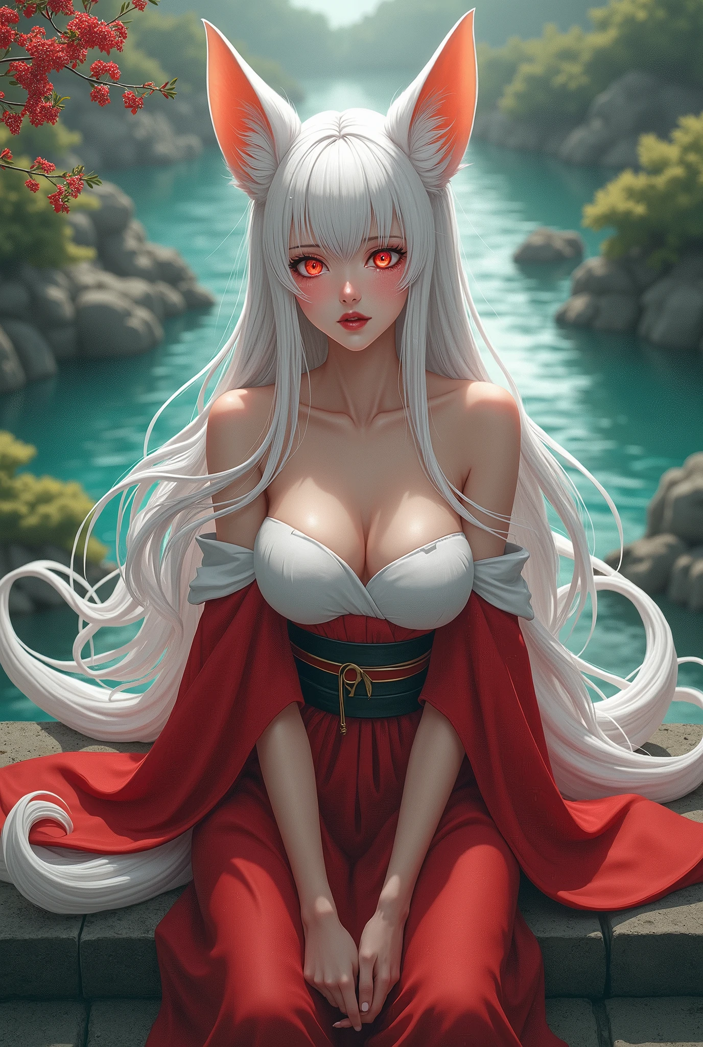 1 girl（masterpiece，top quality，best quality，official art，Beauty and aesthetics：1.2），white hair，red eyes，long hair，ponytail，big sister，tall figure，enchanted，enchanting，Flushed complexion，Feminine smile，Very, very big，super gigantic breasts，Breasts larger than the head，Red and white kimono，white socks，clogs，Off the shoulders，cleavage，Large red bow，fox ears，Nine fox tails，Sitting on the stone steps by the water Pregnant, outfit partially removed, exposed breasts, lactating breasts, crying with scared expression on face.
