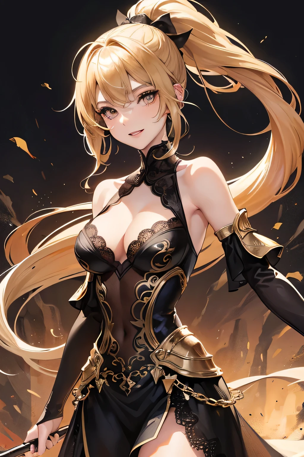 masterpiece, top quality, super detailed, high resolution, (ink painting style), excellent anatomy, beautiful 1 woman, 32K, light brown eyes, light makeup, medium breasts, cleavage, fair skin, shiny skin, happy smile, silky hair, bangs, straight hair, ponytail, blond, black lace dress, luxury bar, best light, best shadow, mysterious, perfect face, highly detailed,
