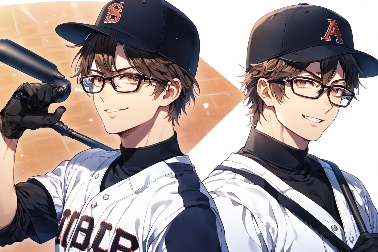absurdres, highres, ultra detailed, HDR, master piece, Miyuki Kazuya, brown hair, expressive amber eyes, black glasses, white baseball uniform, Diamond No Ace, two sexy man together, handsome, best quality, fantasy, magical, sensual, stadium, blue sky, handsome smile, manly man, black gloves, holding a baseball bat