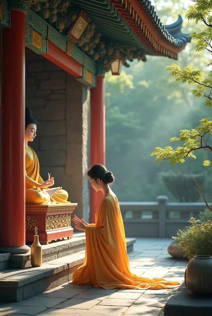 Asian woman goes to Buddhist temple and prays