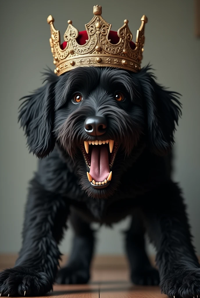 An angry black Labradoodle baring his teeth wearing a Saudi Arabian prince&#39;s hat