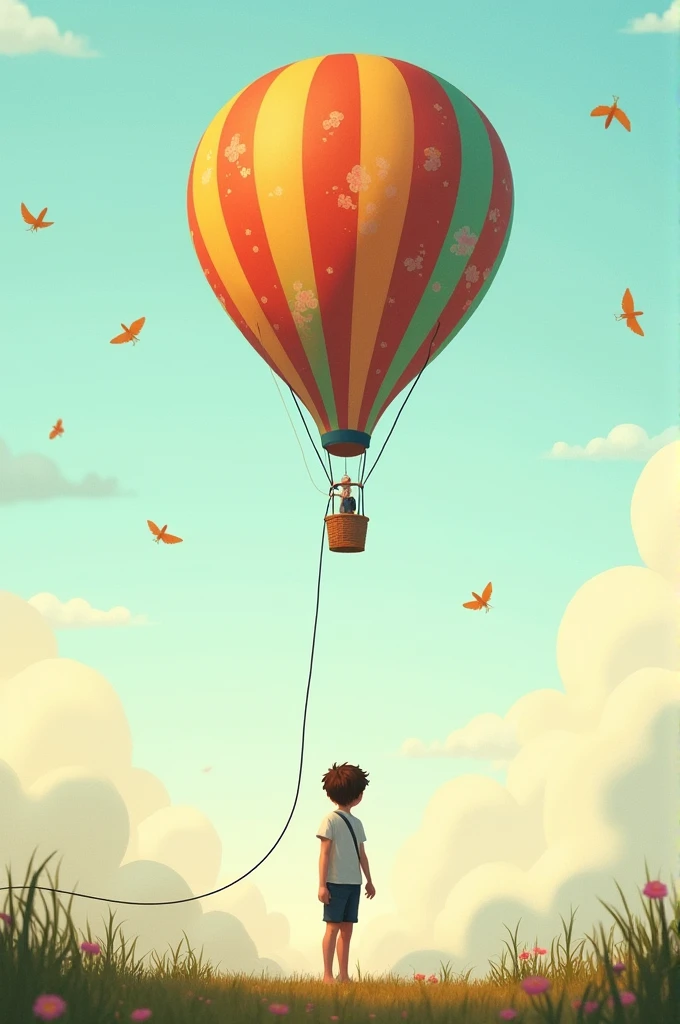 draw on one side a balloon tied to the ground and on the other side a person looking up at the balloon