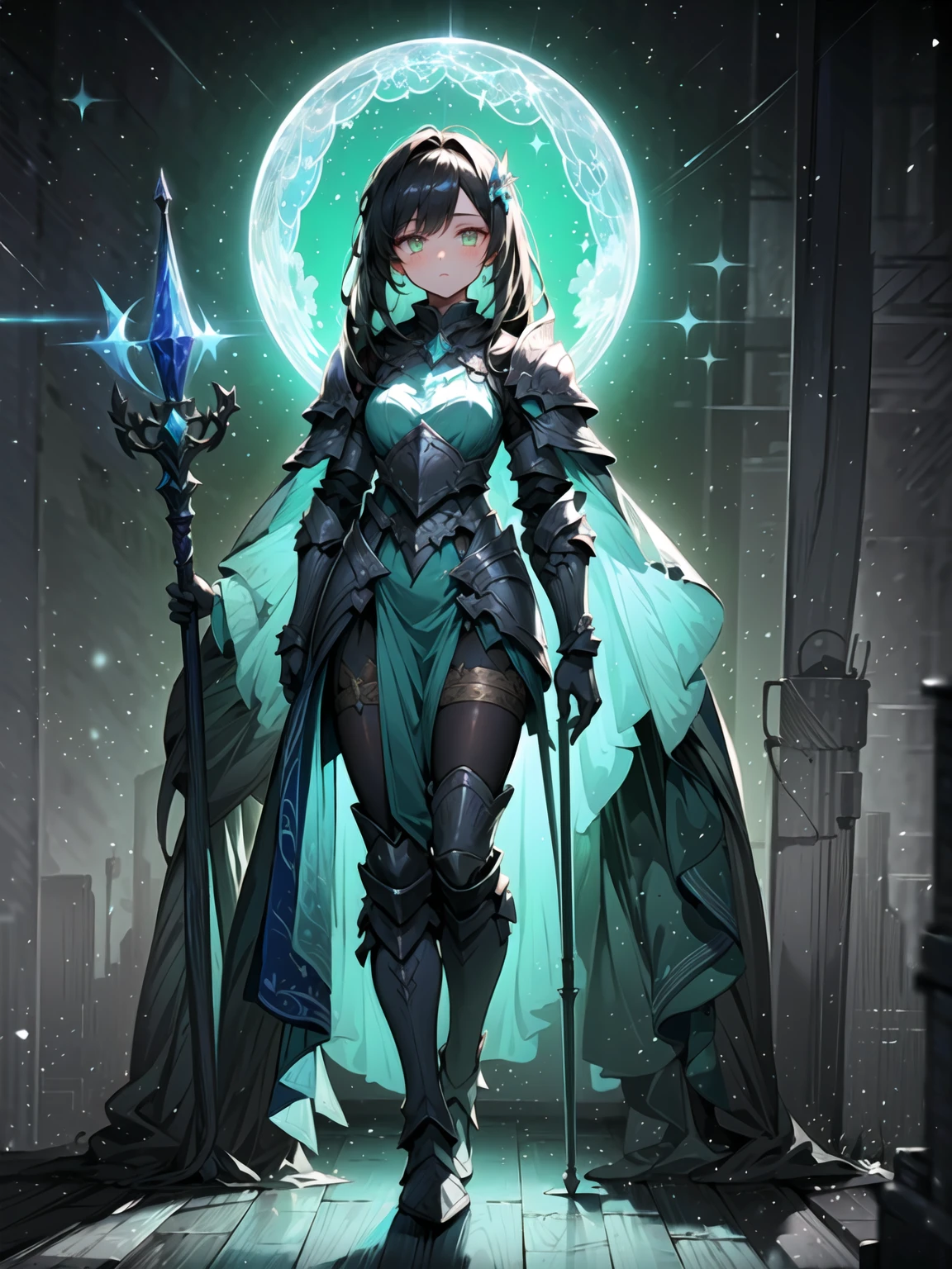 (((Masterpiece, best quality, 16k))) female character with long black hair and glowing green eyes. She wears an ethereal armor in silver, gold, and blue. wields a mystical staff with a floating crystal. The character has a serene expression, with a tranquil forest as the background. ((full body front view)). ((slender)), (extremely detailed:1.5), (long black hair:1.2), (glowing green eyes:1.2), (tranquil forest:1.1), (ethereal armor:1.3), (mystical staff:1.3).