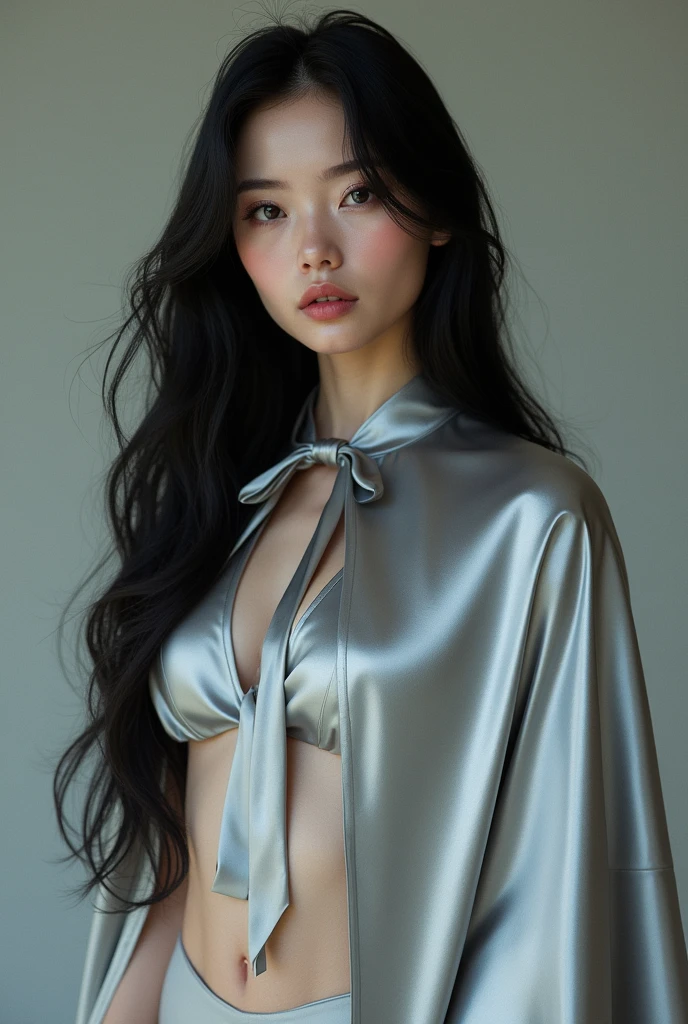 (RAW photo, best quality, masterpiece, ultra-detailed, high res), (realistic),(extremely delicate and beautiful:1), mesmerizing picture of beautiful girl with long black hair,, wearing a long silver satin cape tied at the neck with a ribbon , silver leotard and short skirt , highly detailed, extremely high-resolution details, photographic, realism pushed to extreme, fine texture, 4k, ultra-detailed, high quality, high contrast