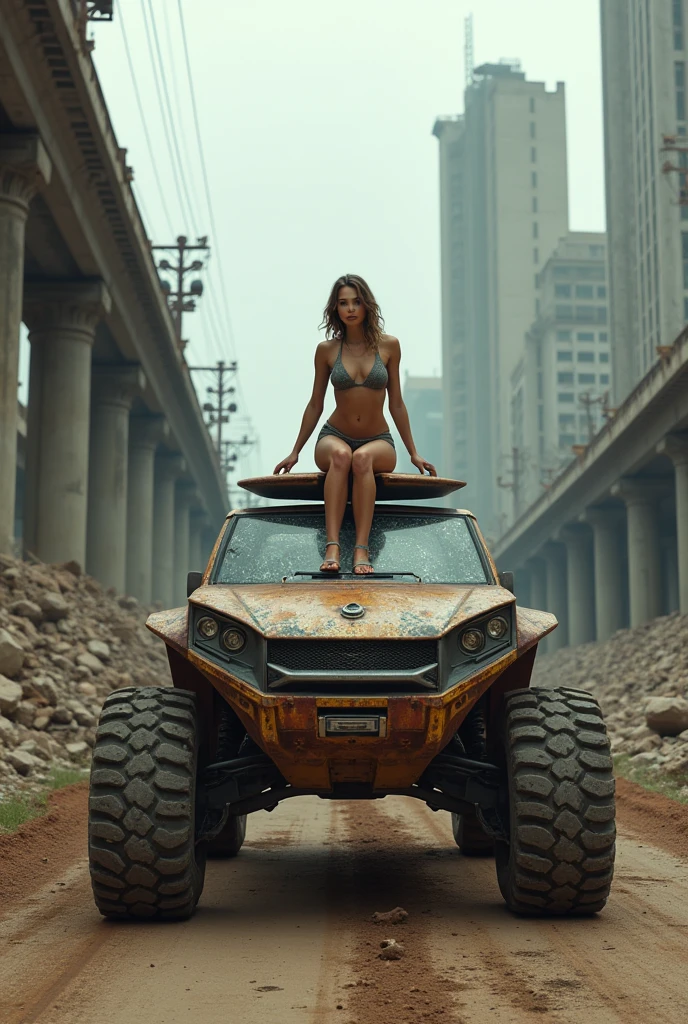 image of a beautiful 20 year old girl, face perfect, madmax style, in surfing position on the hood of a rusty futuristic off-road vehicle, Rusty and dirty paint, madmax style, apocalypto, rusty bodywork, long front hood, Clear and broken glass, big shiny wheels, ultra realisitic, 8k, on a street in a modern city with 20-story buildings collapsed to the ground, there is a complex of ruined viaducts in the background, the city is in ruins stretches across the horizon, destroyed posts and wires on the ground, as detailed as possible, as realistic as possible, proportional image, Grey overcast sky.
