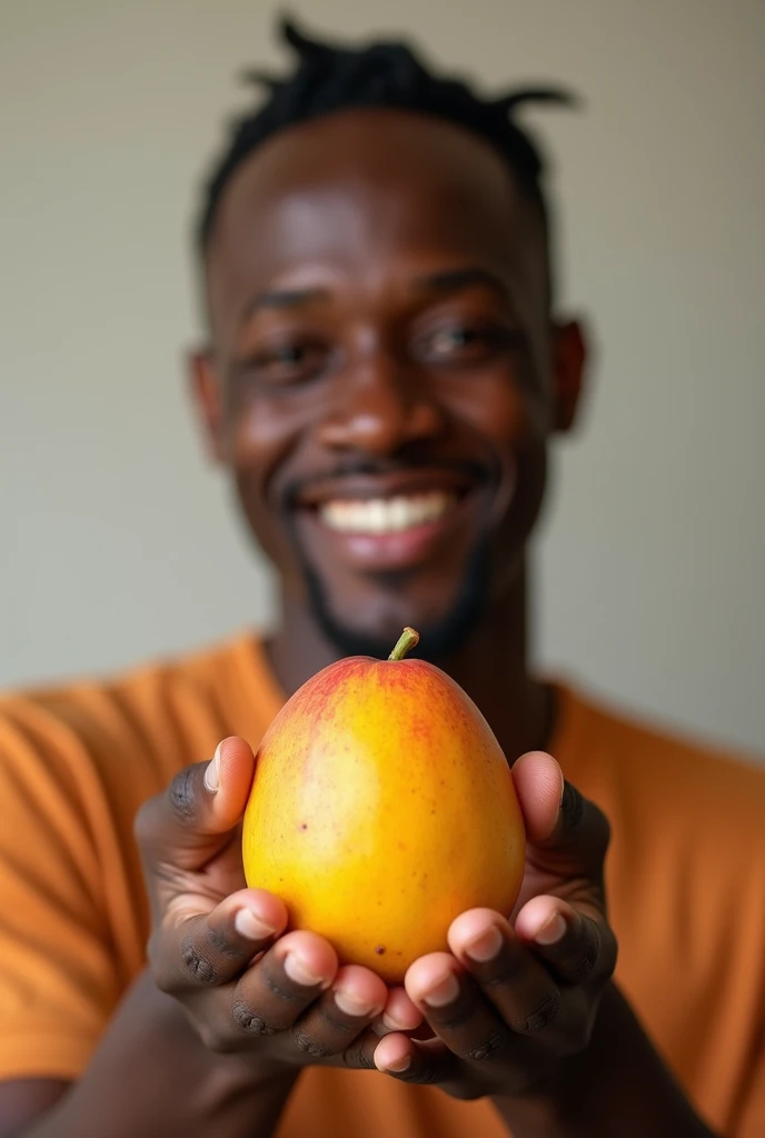 A smiling young black man with thinning hair, showing a mango fruit in his hands 