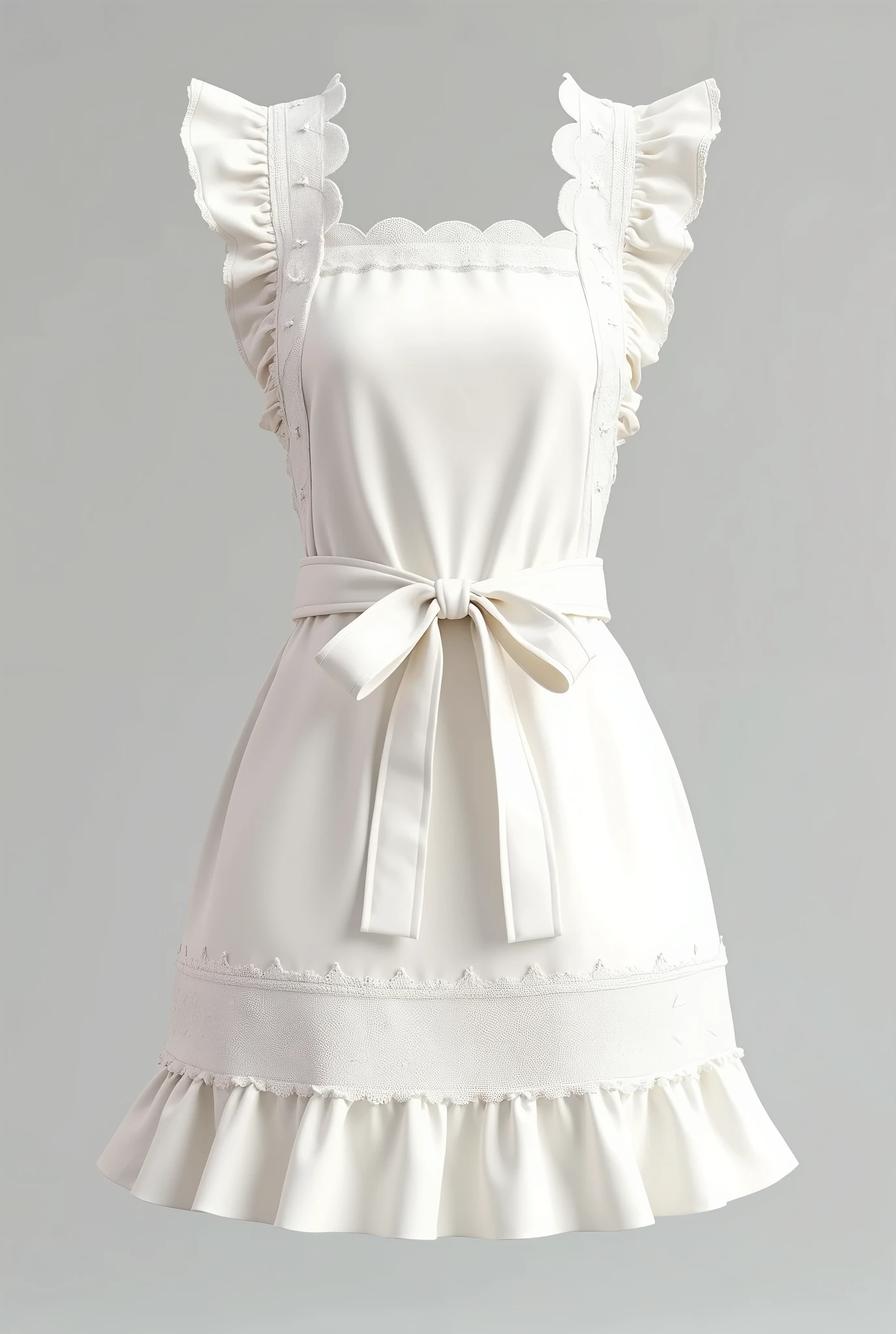 Create an image of a short white apron design with ruffles and lace