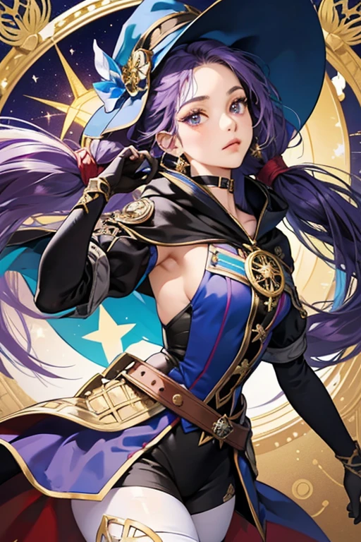 Mona is a young woman with fair skin. She has pale, sea green eyes. She has long dark purple hair with an uneven fringe tied up with black ribbons into two twintails, two gold compass rose ornaments clamped onto the tips. Her accessories consist of a gold earring designed to resemble a compass rose on her left ear, and a black choker necklace adorned with another gold compass rose.
Mona wears a low-cut blue-purple backless leotard with a detached blue-purple sleeves on her forearms and black gloves, along with a short blue-purple cloak, buttoned with a gold compass rose ornament hanging above her chest. Her Hydro Vision is mounted on the back of her cloak. She wears black translucent tights decorated with four-pointed stars on her left thigh. On top of her head rests a blue-purple witch hat, adorned with gold compass rose decals and ornaments.
SPARKLE; GLITTER
Her outfit, Flowing Fate, is described to be a light astrologist's outfit and does away with superfluous to provide top quality at an affordable price.