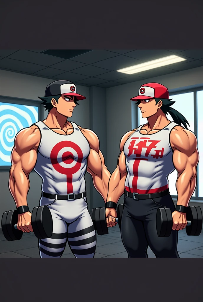 Ash Ketchum and Gary Oak from Pokémon wearing Team Rocket uniforms while lifting dumbbells in a gym staring ahead blankly under hypnosis into a monitor displaying a hypnotic spiral while repeating the mantra, "Obey Giovanni...." and growing into muscular Team Rocket grunts loyal to Giovanni. Digital art. big biceps. big triceps. broad shoulders. big traps. Big meaty pecs. Swollen glutes. Dumber and dumber. IQ drain. brainwashing. big traps. big deltoids. Big lats. Hyper bulging crotch.