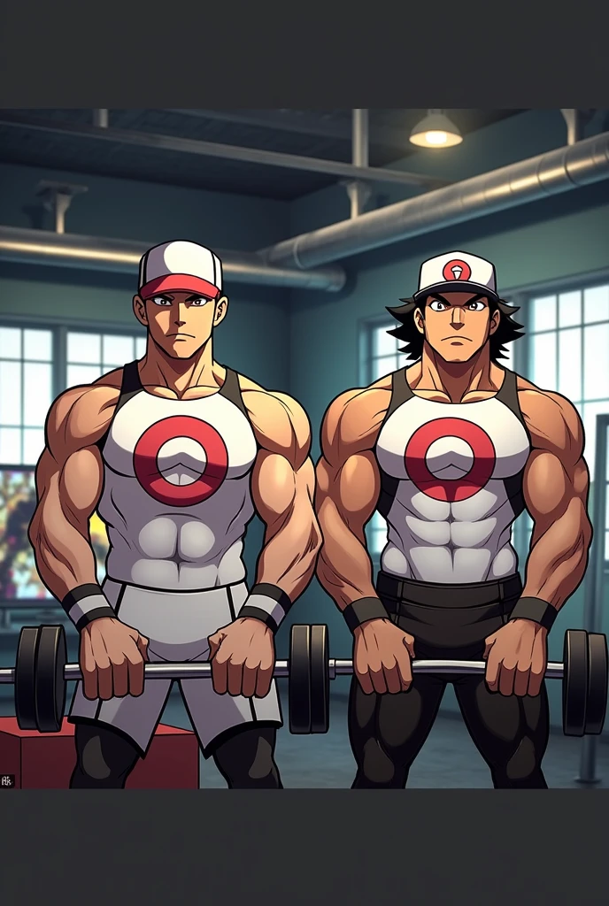 Ash Ketchum and Gary Oak from Pokémon wearing Team Rocket uniforms while lifting dumbbells in a gym staring ahead blankly under hypnosis into a monitor displaying a hypnotic spiral while repeating the mantra, "Obey Giovanni...." and growing into muscular Team Rocket grunts loyal to Giovanni. Digital art. big biceps. big triceps. broad shoulders. big traps. Big meaty pecs. Swollen glutes. Dumber and dumber. IQ drain. brainwashing. big traps. big deltoids. Big lats. Hyper bulging crotch.