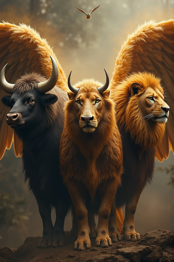 4 wings and 4 faces. The first bull face, the second of man, the third of a lion and the fourth of an eagle. Like this, They are just below God and their bodies are completely filled with Cherubim eyes