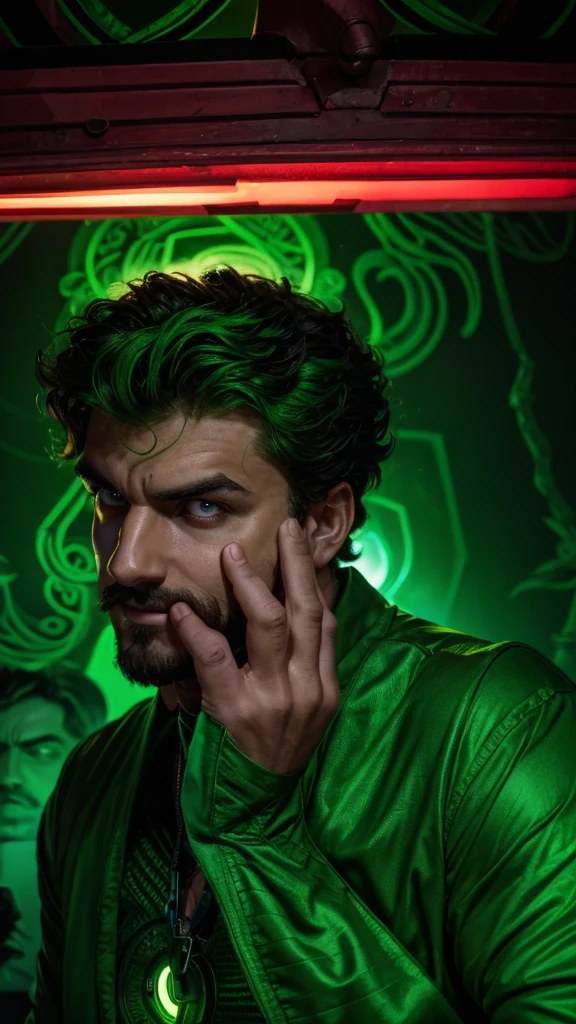 "A ****ung man, with curly hair, wears a green shirt that contrasts with his intense and enigmatic gaze. He sports a thin mustache and a small beard on his chin., that add an air of mystery to your look. Ao fundo, a neon green light emanates a dark atmosphere, highlighting your face dramatically. The artistic style of the image is similar to a comic book villain, with deep shadows and striking features that highlight his imposing appearance. Your eyes convey confidence and cunning, and his smile is slightly curved, suggesting Machiavellian intentions. The aura around you is intimidating, as if he was plotting something grand and dangerous."
