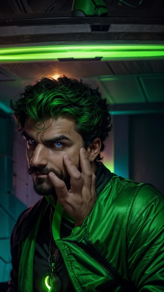 "A ****ung man, with curly hair, wears a green shirt that contrasts with his intense and enigmatic gaze. He sports a thin mustache and a small beard on his chin., that add an air of mystery to your look. Ao fundo, a neon green light emanates a dark atmosphere, highlighting your face dramatically. The artistic style of the image is similar to a comic book villain, with deep shadows and striking features that highlight his imposing appearance. Your eyes convey confidence and cunning, and his smile is slightly curved, suggesting Machiavellian intentions. The aura around you is intimidating, as if he was plotting something grand and dangerous."
