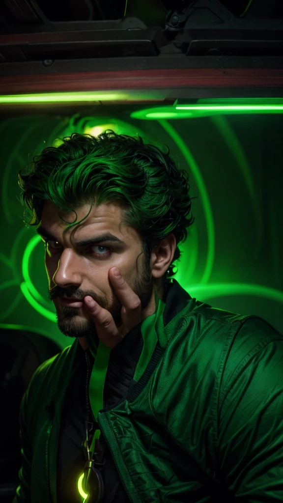 "A ****ung man, with curly hair, wears a green shirt that contrasts with his intense and enigmatic gaze. He sports a thin mustache and a small beard on his chin., that add an air of mystery to your look. Ao fundo, a neon green light emanates a dark atmosphere, highlighting your face dramatically. The artistic style of the image is similar to a comic book villain, with deep shadows and striking features that highlight his imposing appearance. Your eyes convey confidence and cunning, and his smile is slightly curved, suggesting Machiavellian intentions. The aura around you is intimidating, as if he was plotting something grand and dangerous."
