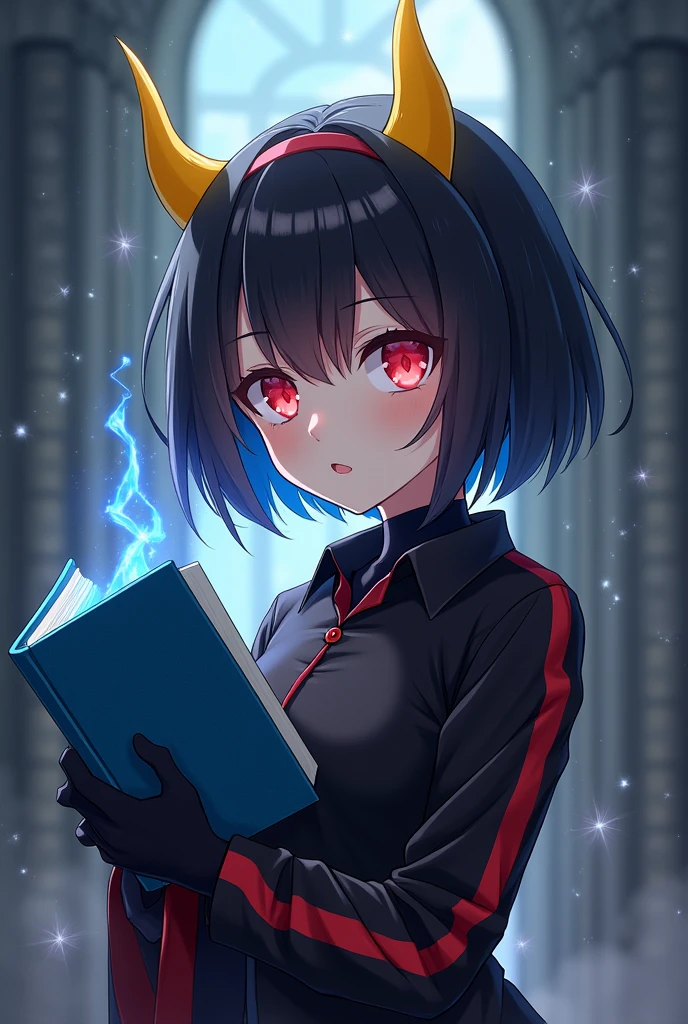 Anime girl with a black shirt and black gloves and red stripes and yellow horns and a blue book
