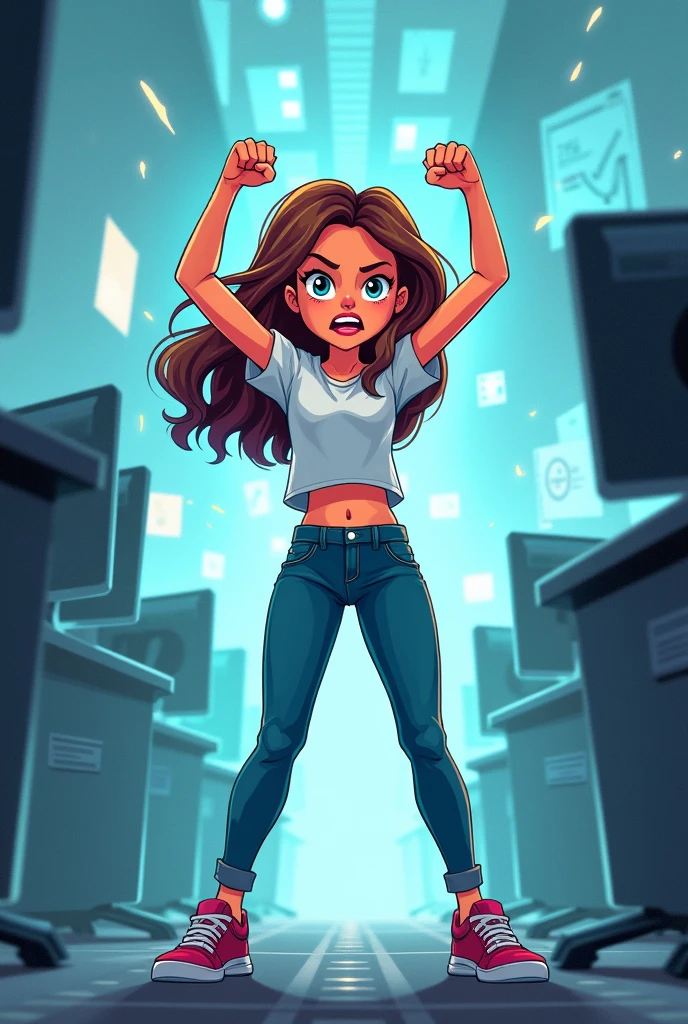 Cartoon of female teenager protecting herself from cyberbullying 