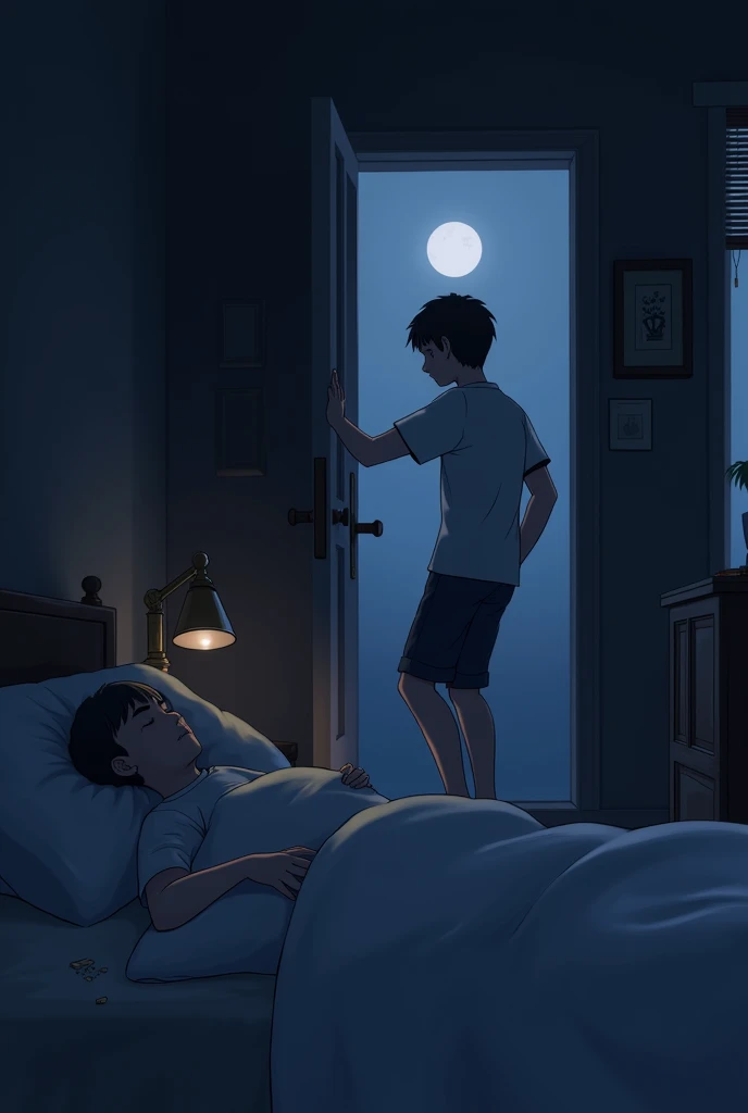 One brother was sleeping in bed and this brother was go out in bed and open the door. Night time