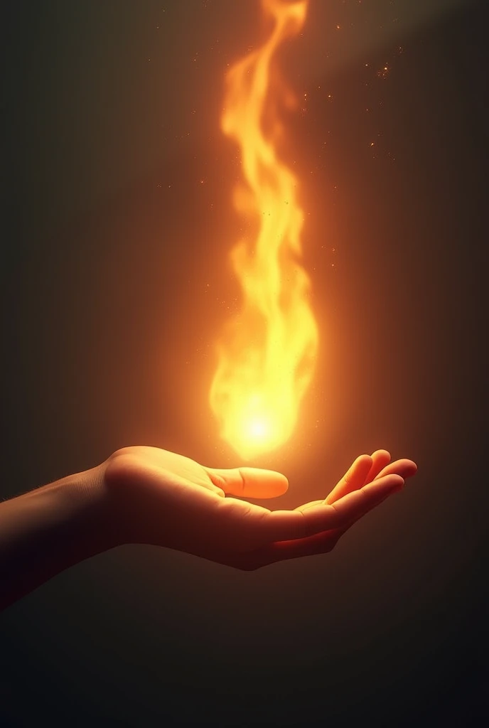A hand extended to the left above the hand a bright flame illuminating