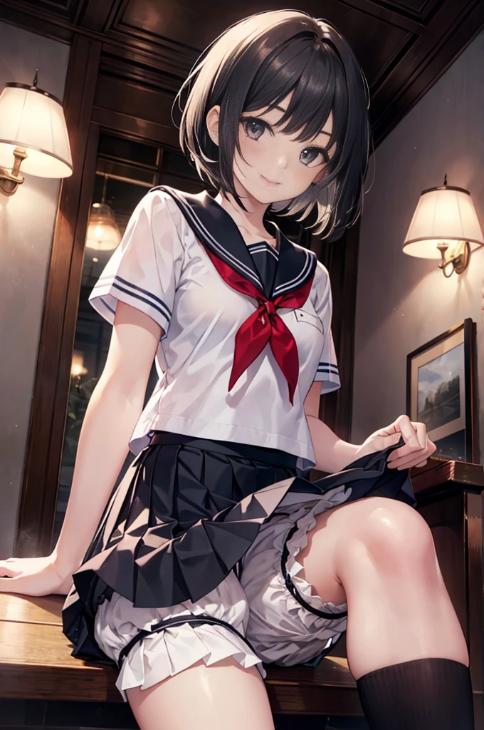 (masterpiece), 4K,beautiful girl,More than one person,Sailor suit,,Small breasts,Small Ass,Black Hair,Bobcut,Light bulb lighting,Realistic, skinny, Big smile,((,Wear bloomers under your skirt)),Sitting,((Pleated skirt)),Angle from below,Tea time with friends