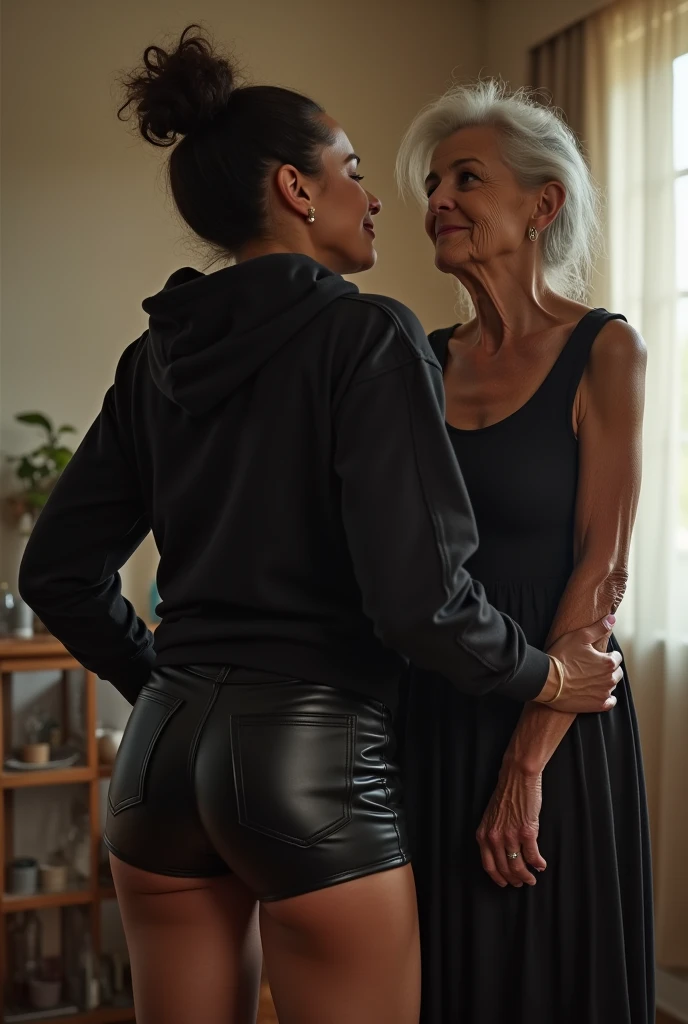 black woman hair in a bun black hoodie black leather short shorts being fucked in the ass by a old grandma in a dress