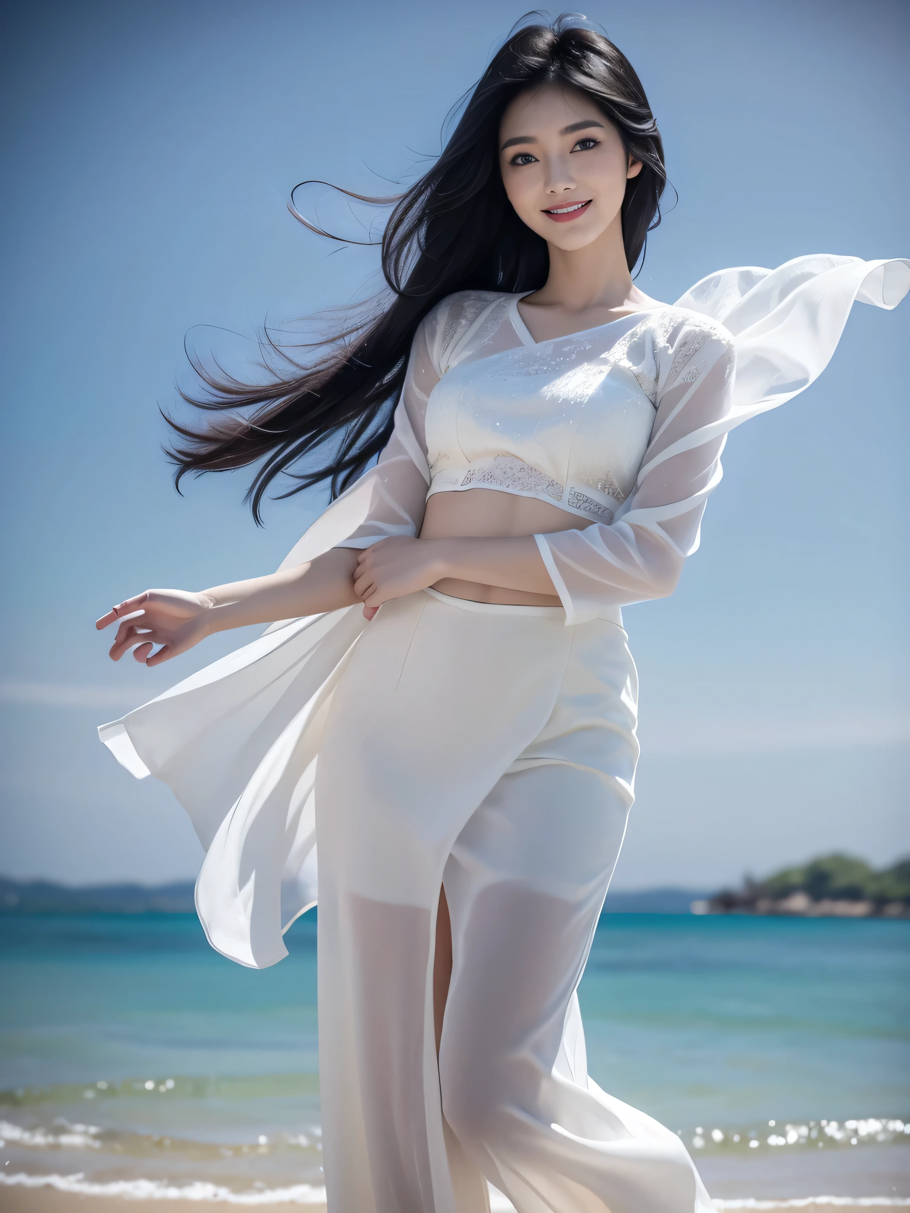 2 cute beautiful Korean girl, sweet smile, wearing a white kebaya, full body, fair skin, black hair blowing in the wind, ideal body, realistic, detail, 4K 3D. Use the RenderMan renderer. 3D digital art. high definition, high contrast, high color saturation.