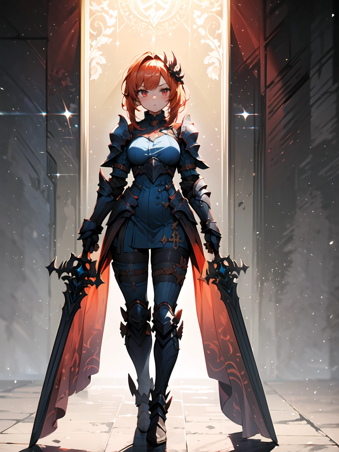 (((masterpiece, best quality, high detailed, 16k))) (1girl) A fierce dragon rider with wild, fiery orange hair and blazing red eyes. She wears a suit of dragon-scale armor that shimmers in shades of red and gold, and a large sword is strapped to her back. She stands confidently beside her dragon, her hand resting on its massive neck. ((full body view))
