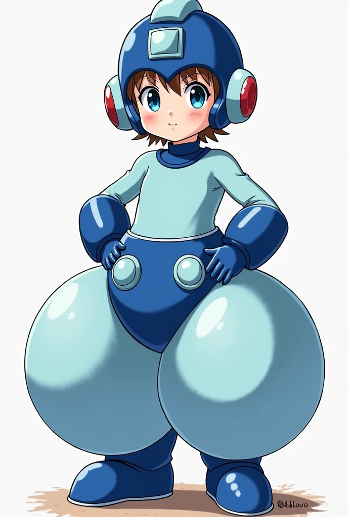 Small boy, around six years old, brown hair, blue eyes, anatomically perfect hands, anime style, wearing a Megaman outfit consisting of a light blue leotard, humongous satin princess Jasmine-style 4-yard harem pants, royal blue ankle boots, royal blue gloves, royal blue large rounded coverings on the lower arms, royal blue Megaman helmet, and a huge padded royal blue satin diaper. His helmet has a raised light blue square in the forehead and a light blue rectangle running straight back from the square, resembling an exclamation mark. His helmet also features round light blue sections with red circles in the center over his ears. The pants are very puffy and very round, the diaper is extremely puffy and completely round and completely spherical. High quality.