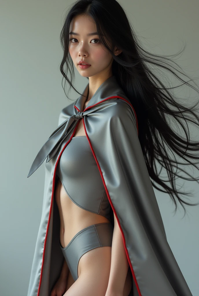 (RAW photo, best quality, masterpiece, ultra-detailed, high res), (realistic),(extremely delicate and beautiful:1), mesmerizing picture of beautiful girl with long black hair , wearing a long silver and red lined satin cape tied at the neck with a ribbon , silver leotard , highly detailed, extremely high-resolution details, photographic, realism pushed to extreme, fine texture, 4k, ultra-detailed, high quality, high contrast