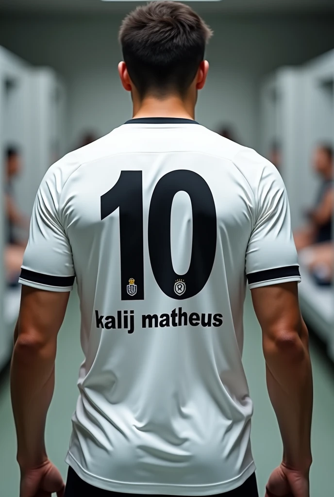 Make me a white football style shirt, on his back there is a giant number in the middle, The number 10, and just below it says Kaliã Matheus