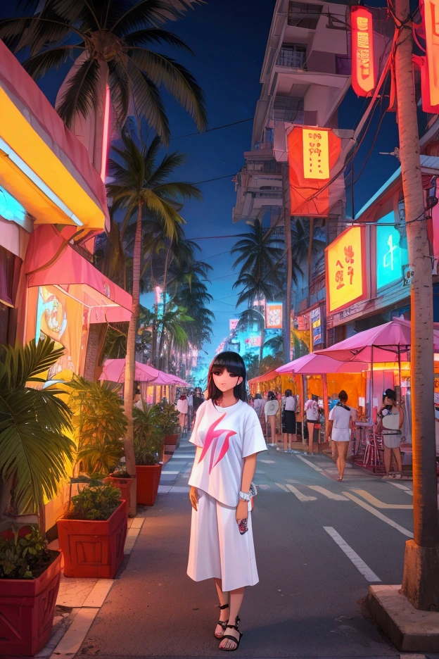 Elevated Street Style: A white oversized tee with a neon-colored  intertwined with palm trees, capturing the vibrant nightlife of Pattaya.