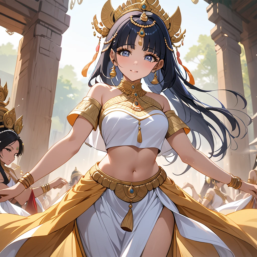 ((Highest quality)), ((masterpiece)), (detailed), （Perfect Face）、The woman is Reika Aoki with semi-long hair、A woman is dancing the Apsara dance in Cambodia wearing the costume of the Cambodian dance Apsara dance