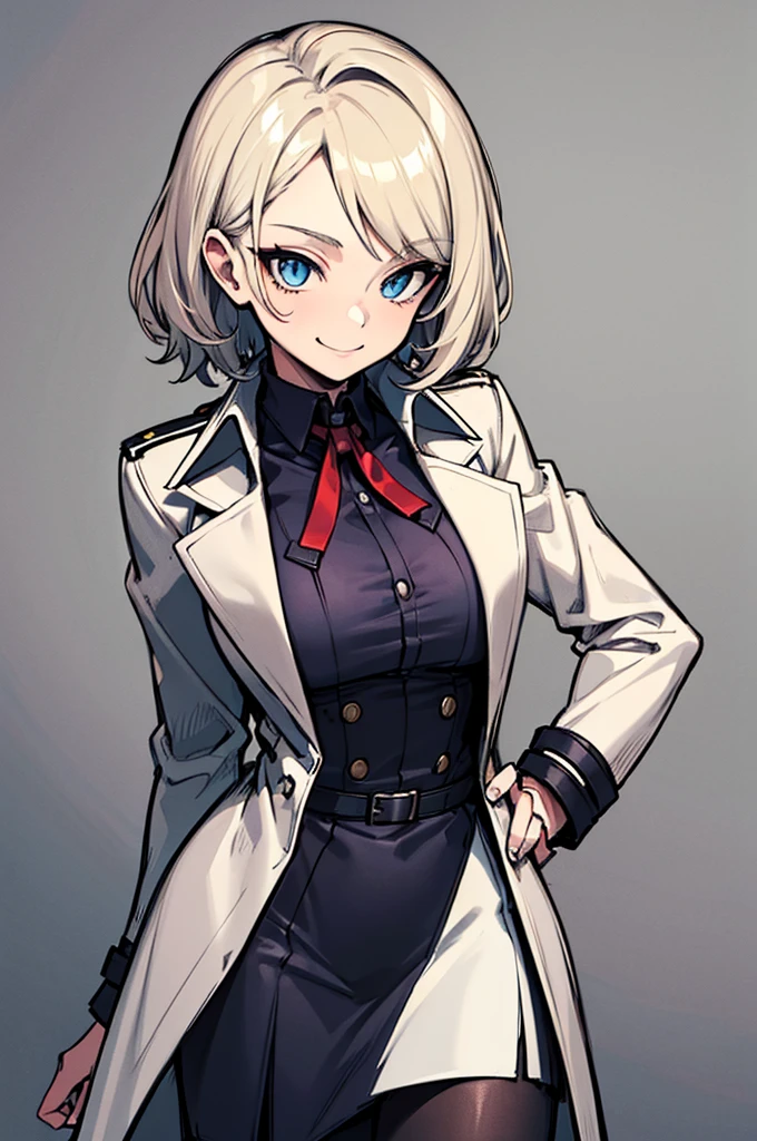 (absurdres, 8k, 4k, masterpiece, hyper extreme detailed:1.2), solo, 1girl, front view, perfect anatomy, perfect face, 1girl, portrait, expressive eyes, solo, standing, Female, toned body, mature female, medium breasts, pale, platinum blonde hair, medium hair, dark blue eyes, swept bangs, athletic body, Dark Brown Skirt, White Shirt, Tan Trench Coat, German, Military, confident, scars, purple ribbon, messy hair, confident, smirk, smile, happy, heroic, half body, perfect anatomy, hand on hip,