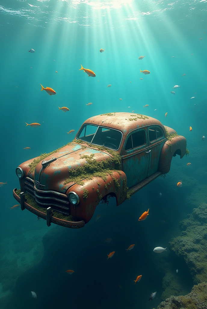 rusty car in the middle of the sea