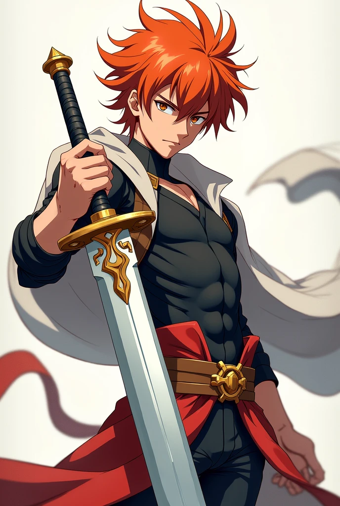 Male character named leoncom with dark orange hair full body anime style image wielding a sword front face