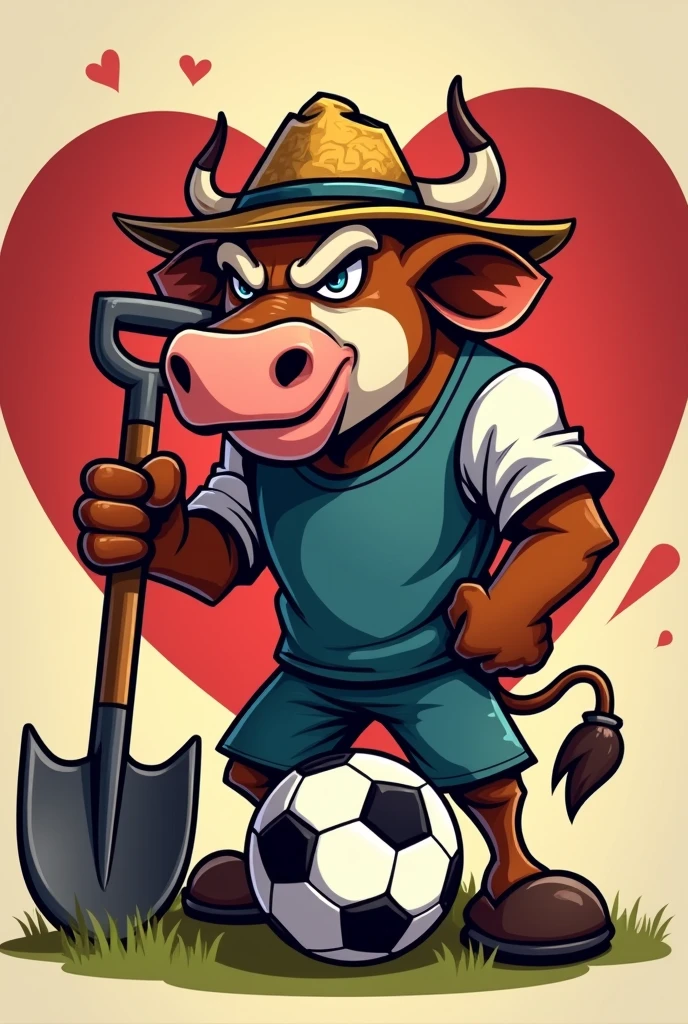 Animation of a cartoon team mascot. It will be an angry and angry cow with a straw hat, holding a shovel in sportswear and a soccer ball at his feet, all this inside a background heart.
