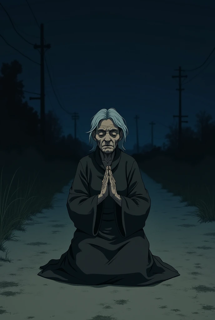 The image is anime style cowboy bebop and Darker than black with shadows and dim lights, anime style although somewhat adult and dark, It shows a stone sculpture of a woman, old woman, praying kneeling on a sandy road at night.