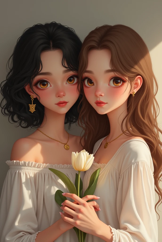 Tami has black curly hair, a little long and his eyes are dark brown, She is white as milk and has reddish cheeks, me instead, I am equally white with light brown eyes, long straight brown hair, blushing cheeks. The image would be nice if Tami had a tulip in her hands as a gift and as a special detail I would like to see a necklace with Tami's initials on my neck.