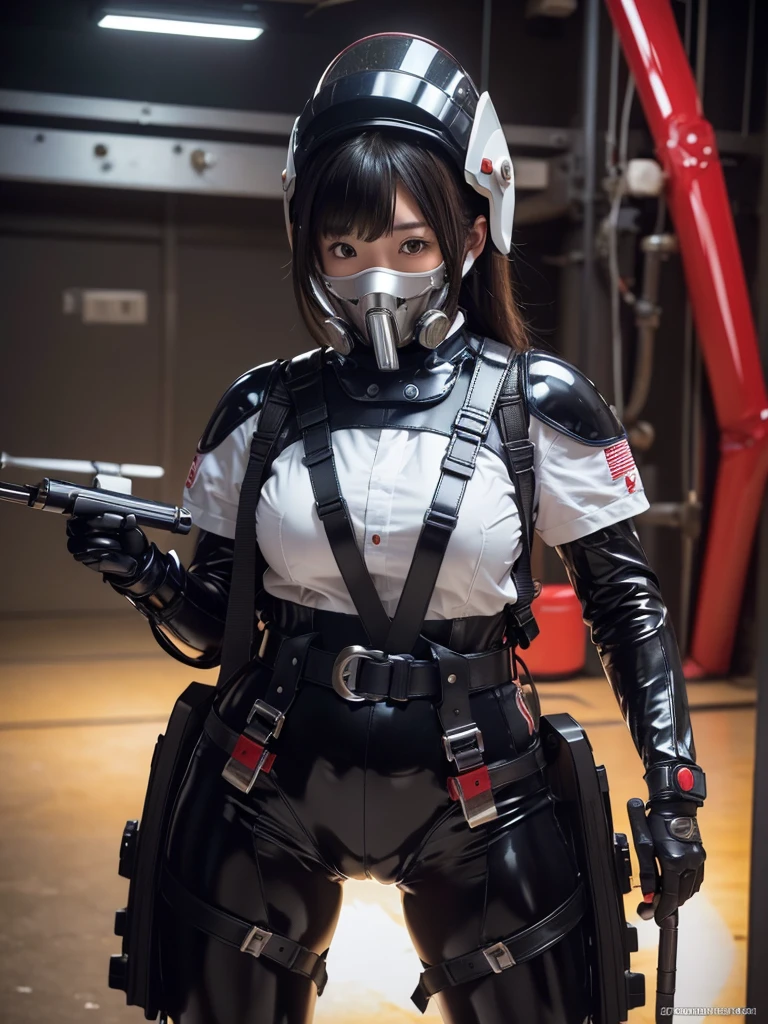 masterpiece, Highest quality, Very detailed, Japanese Android girl, Beautiful 2 Japanese woman, Plump,Slightly thicker,Control panel,Android,cyborg,Blunt bangs,Red bodysuit,Thick harness belt,Full-face helmet,Gas mask with regulator,Holding a rocket launcher,