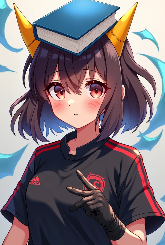Anime girl with a black shirt and black gloves and red stripes like soccer and yellow horns and a blue book on her head l