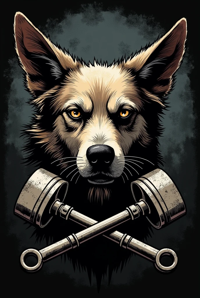 I need a motorcycle club crest with an angry stray dog in the center, with a scar on his left eye with small wings coming out from behind it and two crossed pistons at the bottom