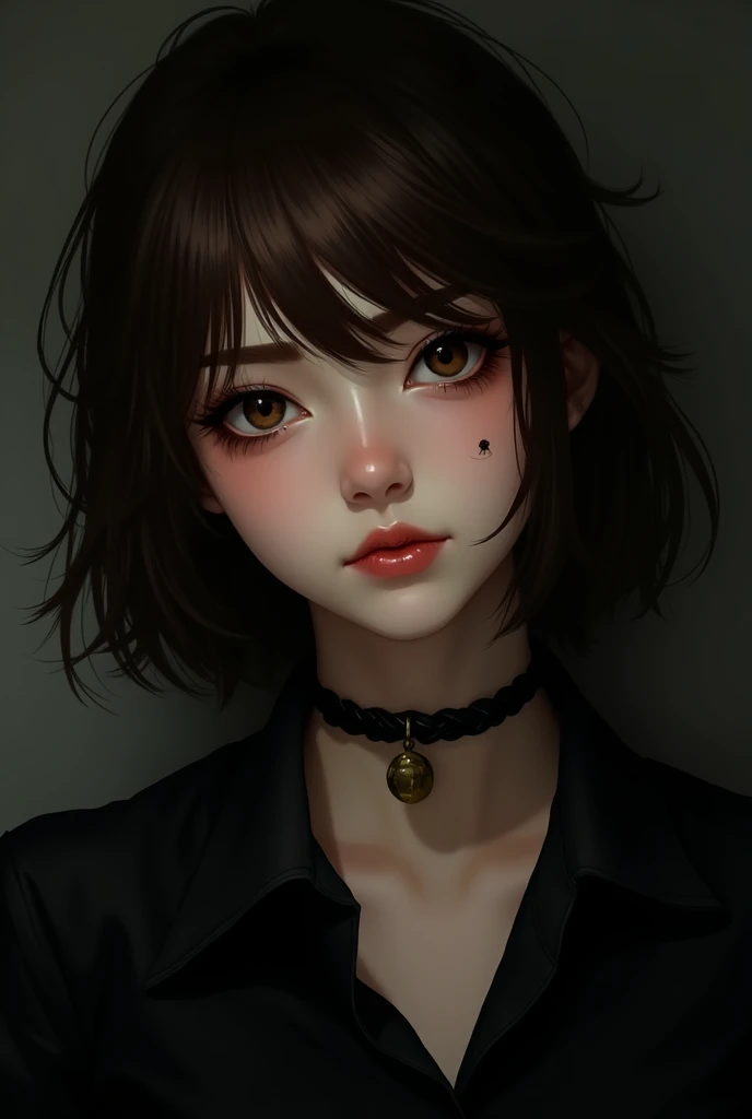 Make a tall boy, brunette, by the black side (emo type or bangs) beautiful smile, thick eyebrows, medium lips, almond-shaped eyes but a little big and a mole on the eyebrow, eye and mouth.