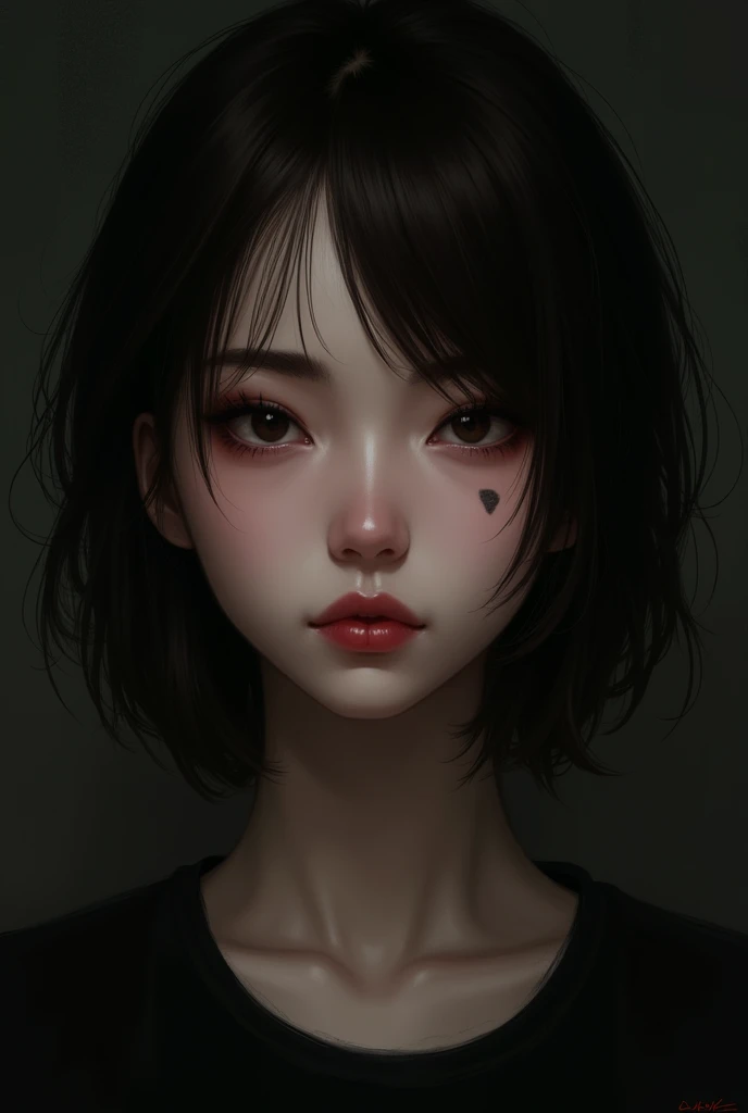 Make a tall boy, brunette, by the black side (emo type or bangs) beautiful smile, thick eyebrows, medium lips, almond-shaped eyes but a little big and a mole on the eyebrow, eye and mouth.