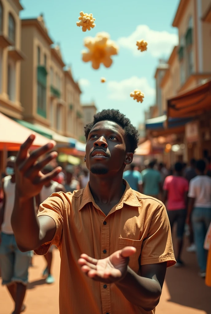 a young man with strabismus in the city of gabon, throwing popcorn into the air, photo-realistic, highly detailed, cinematic lighting, dramatic action shot, vibrant colors, crowd of people in the background, warm summer day, street market setting, intricate architectural details, cinematic composition