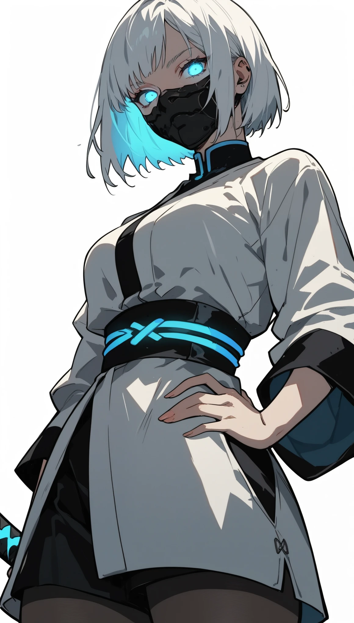 (score_9, score_8_up), score_7_up, zPDXL, 1girl, white hair, short hair, blue glowing neon eyes, mouth mask, looking at viewer, white kimono, white background, film grain, training with a katana,cowboy shot sinozick style,Tilted head，One hand on waist，，Pantyhose，gravure_pose，From below，