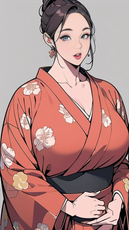 1，Japanese hairstyle，Photorealism，detailed，masterpiece，mature，((full))， (Broad shoulders), ((Huge))，Plus size mature women，expensive，30 years old，Pretty face, (Plump woman)，Beautiful long-sleeved kimono，kimono，Hold your chest with both hands:1，high quality，Are standing，High Resolution 4K Information,Kyoto,
