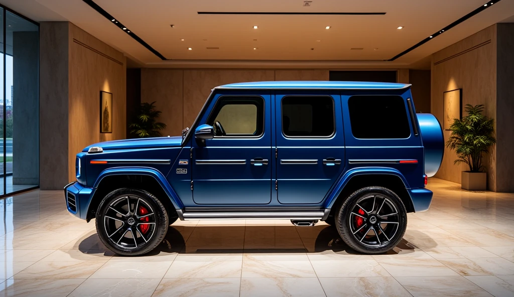 A side view of the luxurious New 2025 Mercedes-Benz Baby G-class in a sleek blue color, parked in an upscale showroom. The vehicle’s distinctive boxy design is accentuated by its angular lines and commanding presence, with the deep blue finish highlighting its blend of ruggedness and elegance. The side profile showcases the bold wheels, stylish side mirrors, and chrome accents that add to its sophisticated appeal. The showroom is meticulously designed with polished marble floors, expansive glass walls, and refined decor. The ambient lighting casts a soft glow, enhancing the vehicle’s premium features and making the Mercedes-Benz Baby G-class the focal point of this luxurious setting.