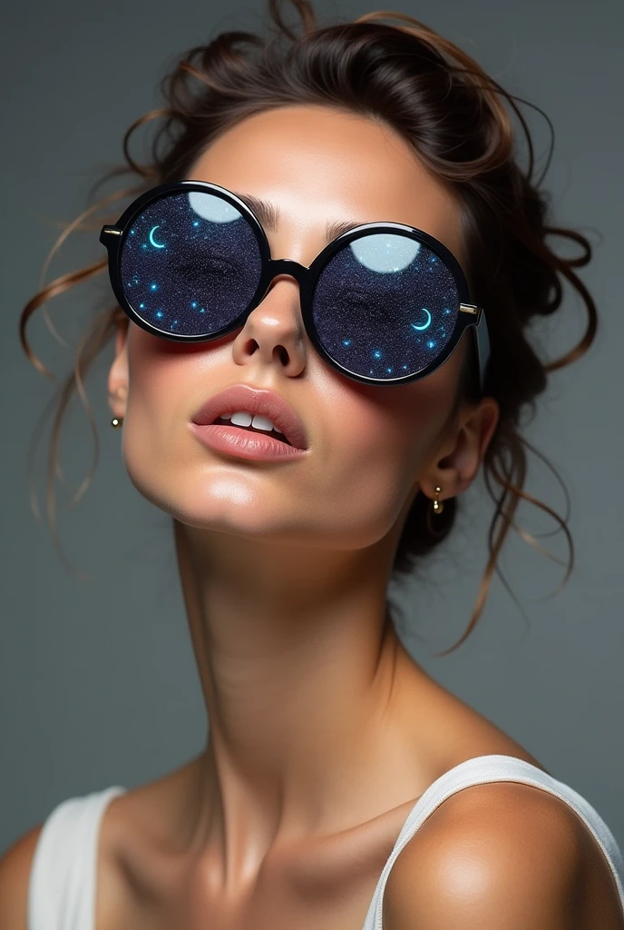 The model is wearing glass sunglasses with stars and the moon on the glass